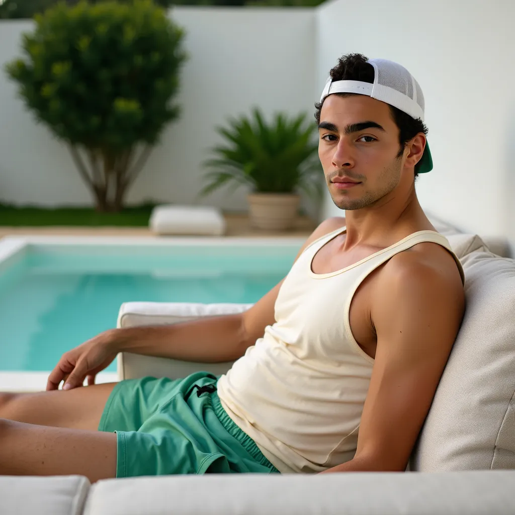 medium shot of Luigi Mangione relaxing on couch, looking at the camera, minimalistic pool setting, cream tank, wearing a backwards hat, wearing emerald swimming shorts, toned body, hyperrealistic photo