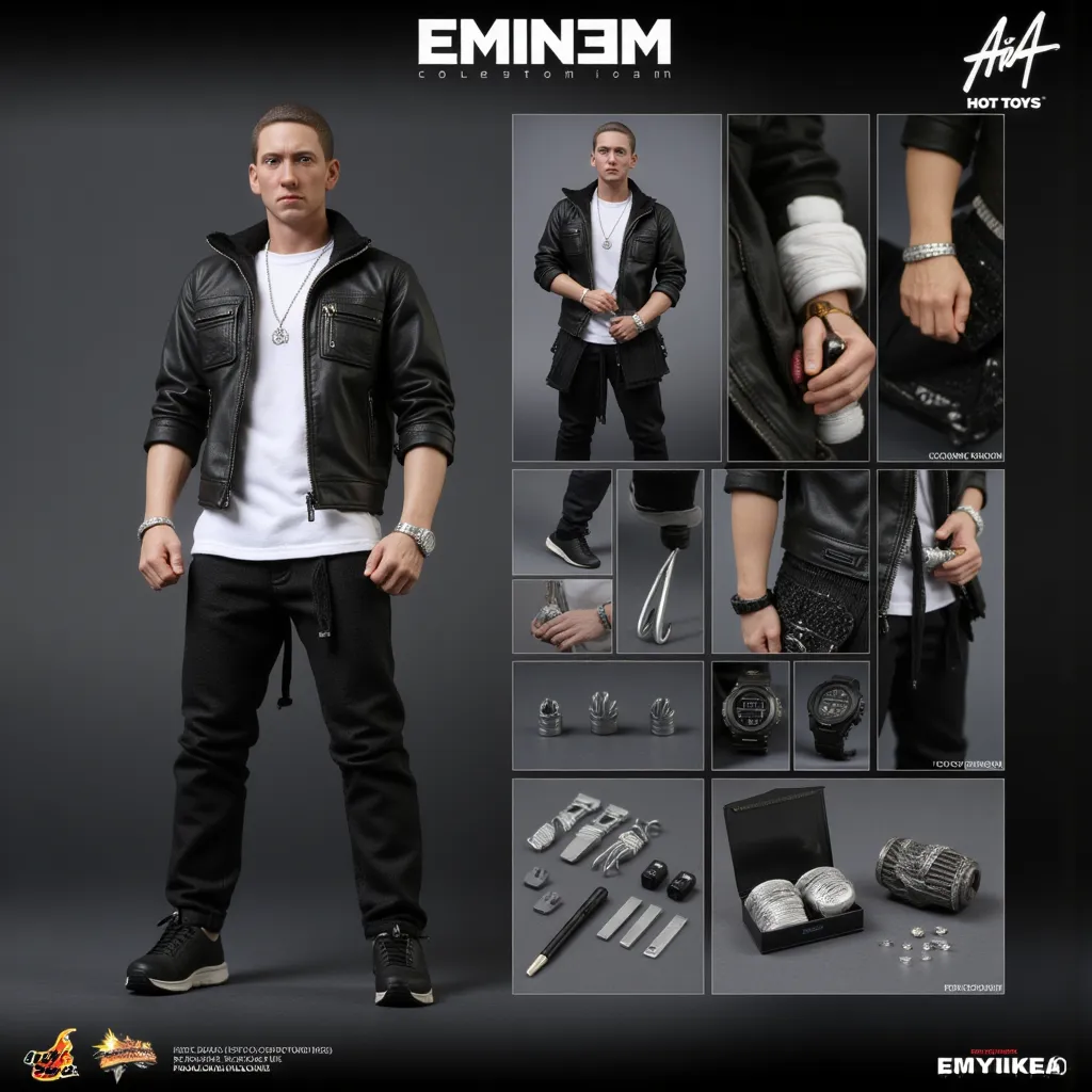hot toys, hyper-realistic collectible figure, articulated action figure, premium toy photography, lifelike figure design, cinematic collectible, detailed action figure, realistic lighting and textures, eminem black short hair, black leather jacket and white clean t-shirt, silver thin chain, black pants and nike black shoes. It comes with acessories such as extra hands, a microphone, silver bracelets and casio g-shocks watchs. It shows the hot toys logo and the name “EMINEM”, promotion for the toy