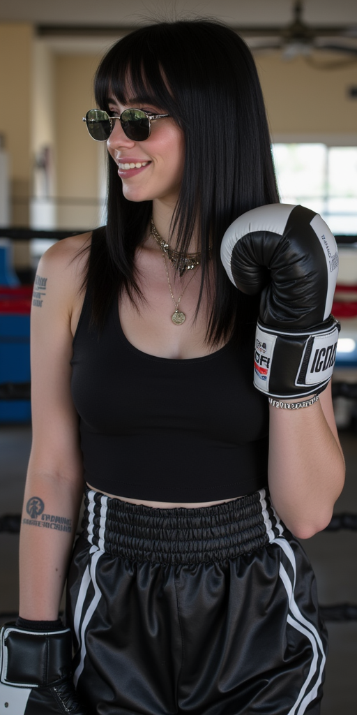 Billie Eilish with straight long black hair and bangs, wearing earrings, wearing sunglasses, wearing black tank top, wearing black boxing trunks with white trims, wearing black and white boxing gloves, wearing boxing shoes, boxing ring, female, smile, side profile photograph, realistic style, studio lighting, medium telephoto lens, high resolution, 8K detail, natural light, (sharp focus:1.2), (HDR:1.1)