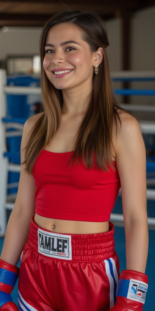 Miranda Cosgrove with straight long hair, wearing earrings, wearing red tank top, wearing red boxing trunks with blue trims, wearing red and blue boxing gloves, wearing boxing shoes, boxing ring, female, smile, side profile photograph, realistic style, studio lighting, medium telephoto lens, high resolution, 8K detail, natural light, (sharp focus:1.2), (HDR:1.1)