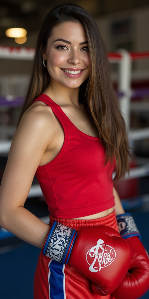 Miranda Cosgrove with straight long hair, wearing earrings, wearing red tank top, wearing red boxing trunks with blue trims, wearing red and blue boxing gloves, wearing boxing shoes, boxing ring, female, smile, side profile photograph, realistic style, studio lighting, medium telephoto lens, high resolution, 8K detail, natural light, (sharp focus:1.2), (HDR:1.1)