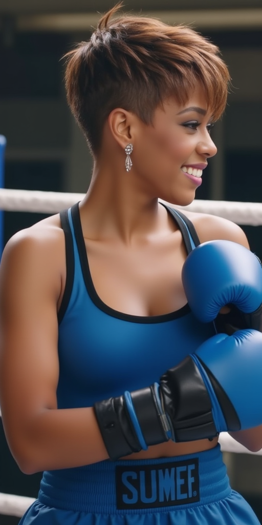 Whitney Houston with pixie hairstyle and bangs, wearing earrings, wearing blue tank top, wearing blue boxing trunks with black trims, wearing blue and black boxing gloves, wearing boxing shoes, boxing ring, female, smile, side profile photograph, realistic style, studio lighting, medium telephoto lens, high resolution, 8K detail, natural light, (sharp focus:1.2), (HDR:1.1)
