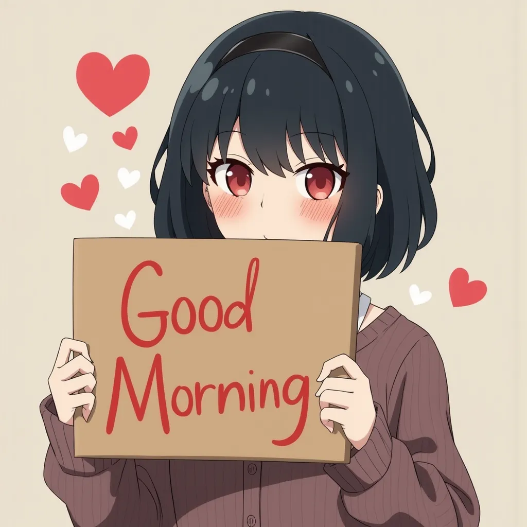 Anime Yor forger  black hair holding a sign saying good morning 