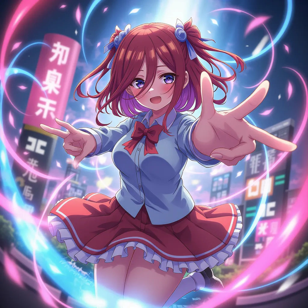 Miku Nakano from quintessential quinteplets, anime character, dramatic moment captured in a vibrant digital illustration, highly stylized with exaggerated expressions, inspired by dynamic manga art styles and energetic shonen anime from studios like Trigger and Kyoto Animation, set against a surreal and colorful background, medium shot using fisheye lens, vivid colors with a splash of neon lighting, intricate details, (artstation:1.1), (hyper detailed:1.2), cinematic render.