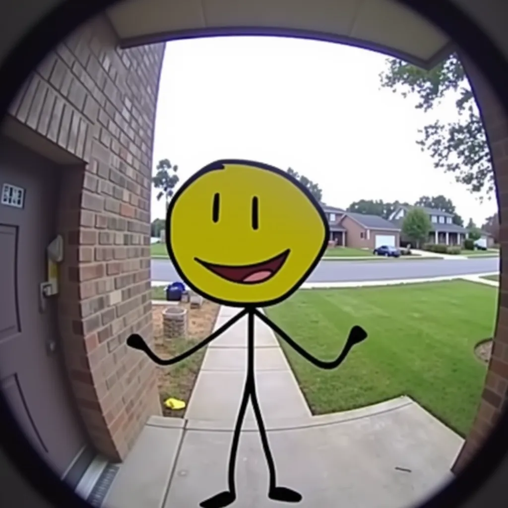 doorbellCam of A simple, cartoon stick figure that has stick arms and legs, named "Cary" with a round yellow face. It has a big smile and two black eyes. It has black outlines. The background is a neighborhood. doorbellCam
