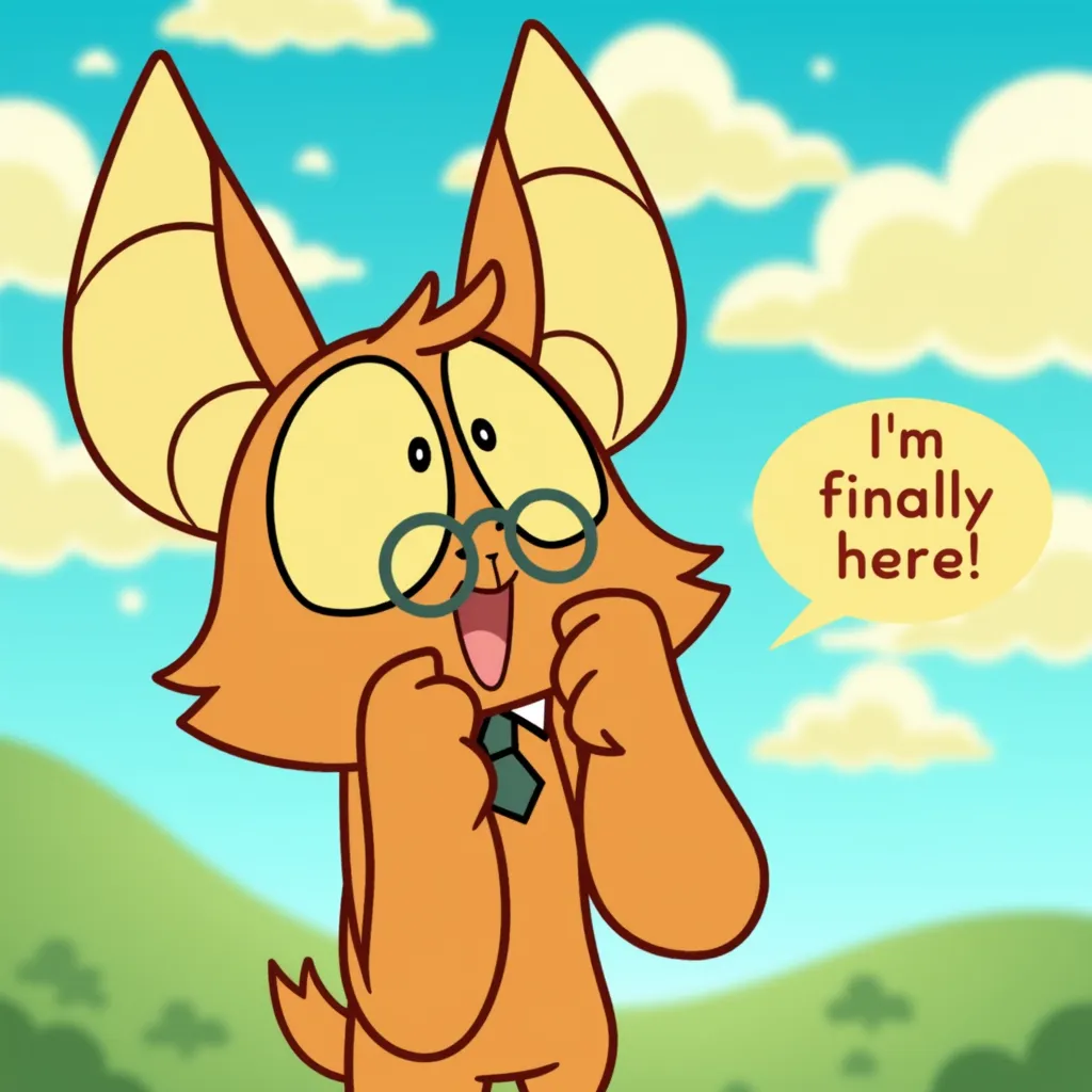 An animated character with large yellow horns and glasses, expressing excitement with a speech bubble that says, "I'm finally here!" The background is a bright blue sky with fluffy clouds and green hills.