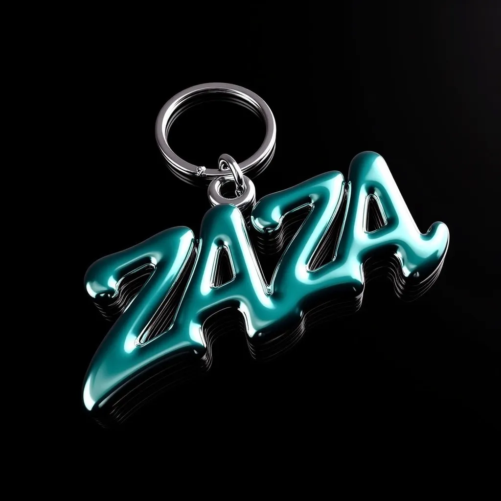 A stylized, metallic keychain featuring the word " ZAZA" in a graffiti-like, bold font. The letters are sculpted and three-dimensional, with reflective surfaces exhibiting a shimmering, teal-blue-silver metallic finish. The letters appear to be outlined and have a slightly raised texture. A metal carabiner clip is attached to the bottom. The keychain is set against a completely black background, highlighting the key chain against a contrasting backdrop. The lighting emphasizes the reflective properties of the metal. The image's perspective is directly above the keychain, presenting it from an overhead view. The composition is simple, focusing solely on the keychain itself. The overall style is modern and urban, suggesting a contemporary design.