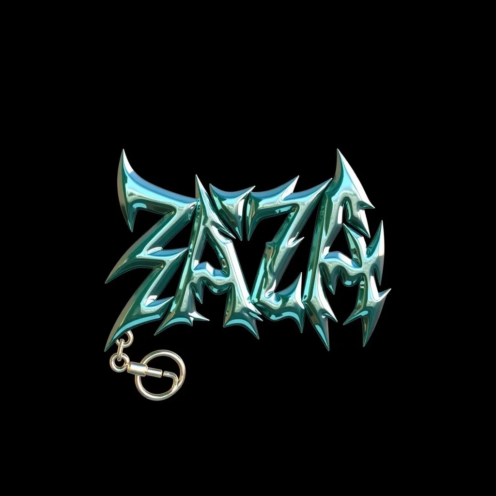 A stylized, metallic keychain featuring the word " ZAZA" in a graffiti-like, bold font. The letters are sculpted and three-dimensional, with reflective surfaces exhibiting a shimmering, teal-blue-silver metallic finish. The letters appear to be outlined and have a slightly raised texture. A metal carabiner clip is attached to the bottom. The keychain is set against a completely black background, highlighting the key chain against a contrasting backdrop. The lighting emphasizes the reflective properties of the metal. The image's perspective is directly above the keychain, presenting it from an overhead view. The composition is simple, focusing solely on the keychain itself. The overall style is modern and urban, suggesting a contemporary design.