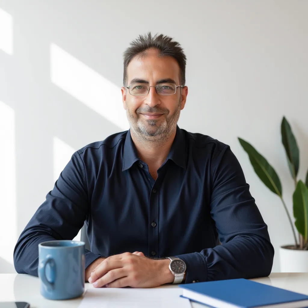 "A professional-looking man  sitting at a desk in a bright, minimalist office. He wears a dark blue shirt and sits in front of a white background. A blue notebook and a matching blue coffee cup are on the desk. The scene is well-lit, clean, and has a modern, professional atmosphere."
