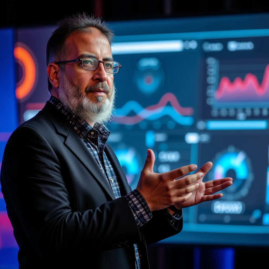 "A confident man with a long white beard and glasses, wearing a dark suit and patterned shirt, delivering a presentation. He is gesturing with his hands, standing in front of a high-tech digital screen displaying colorful data visualizations and a futuristic interface. The background is vibrant with glowing blue, red, and orange elements, creating a dynamic and professional atmosphere."