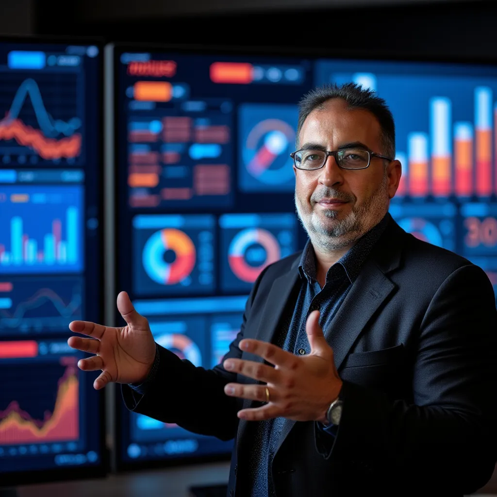 "A confident man with a white beard and glasses, wearing a dark suit and patterned shirt, delivering a presentation. He is gesturing with his hands, standing in front of a high-tech digital screen displaying colorful data visualizations and a futuristic interface. The background is vibrant with glowing blue, red, and orange elements, creating a dynamic and professional atmosphere."