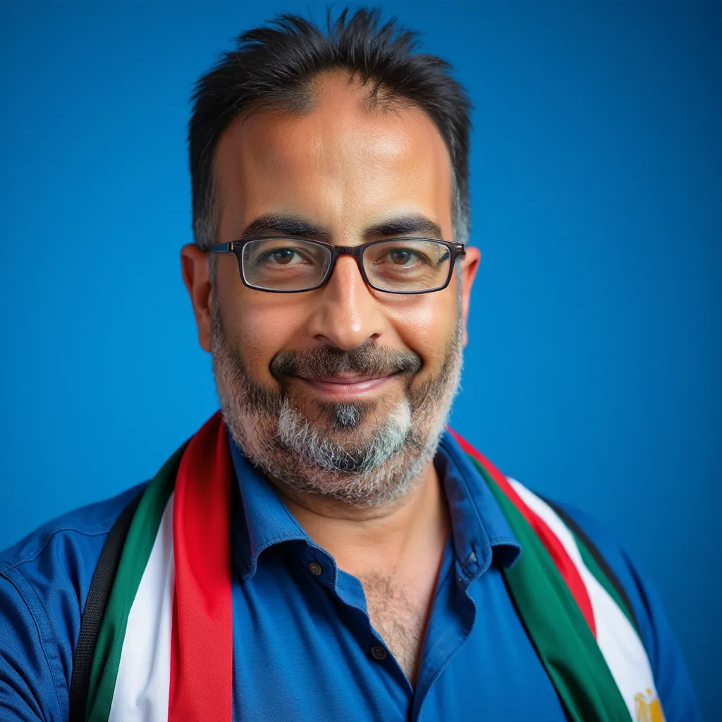 Middle-aged man, smiling, beard, glasses, blue shirt, Egyptian flag, portrait, blue background, high contrast, vibrant colors, digital art style, professional headshot, friendly expression, Middle Eastern features, creative lighting, sharp details

