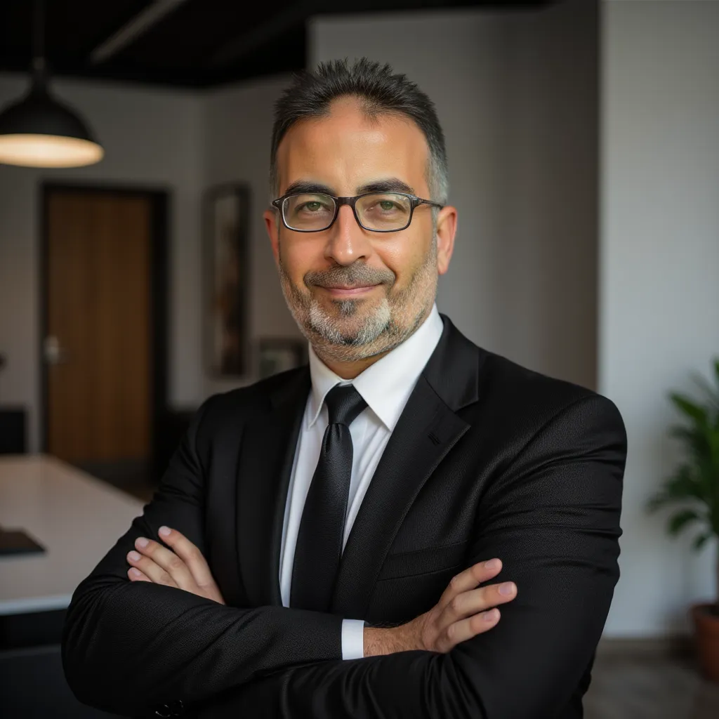 Professional headshot, middle-aged man, glasses, short grey hair, beard, black suit, white shirt, dark tie, confident pose, arms crossed, serious expression, office setting, soft lighting, corporate environment, executive portrait, high-resolution, sharp focus
