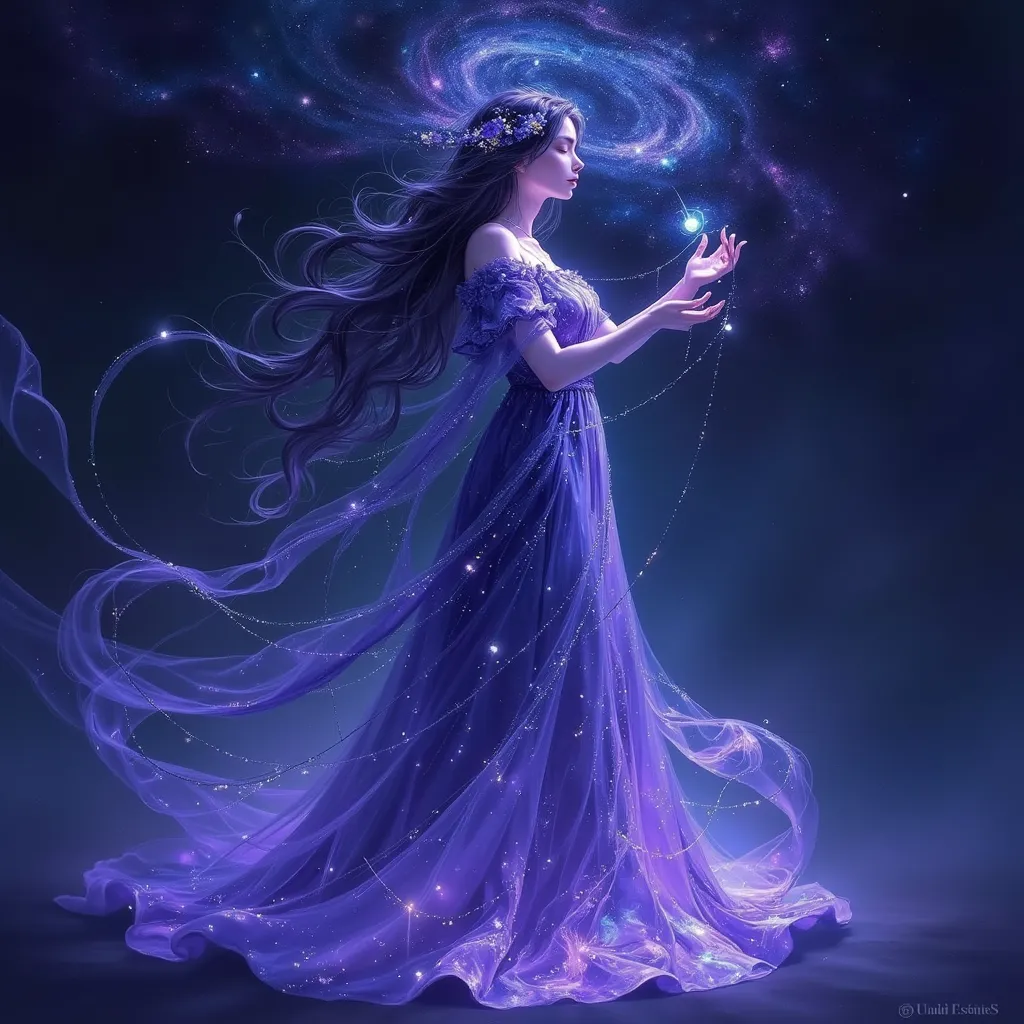 digitalart, A mystical figure draped in a gown that flows like liquid starlight, the fabric shifting between deep purples, blues, and shimmering silver. Her long, cascading hair sparkles with embedded stars, and her fingertips glow faintly as she weaves threads of light into swirling constellations in mid-air. Her crown is a swirling, miniature galaxy with spinning, glowing fragments of stars and planets, orbiting her head. Behind her, trails of woven stardust stretch across the darkness, creating a glowing tapestry of celestial designs