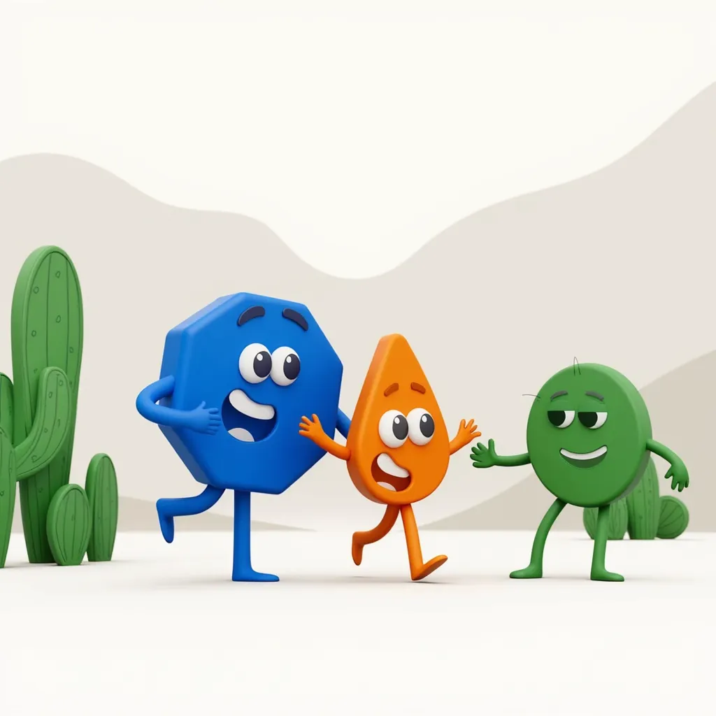 Deep Blue, a unique octagon-shaped deep Blue-colour colourblock, Orange, a unique teardrop-shaped Orange-colour colourblock and Greeen, a circle-shaped green-colour colourblock, are walking around white Colourland, looking at deep blue cacti, orange cacti and green cacti. Colourblocks style.