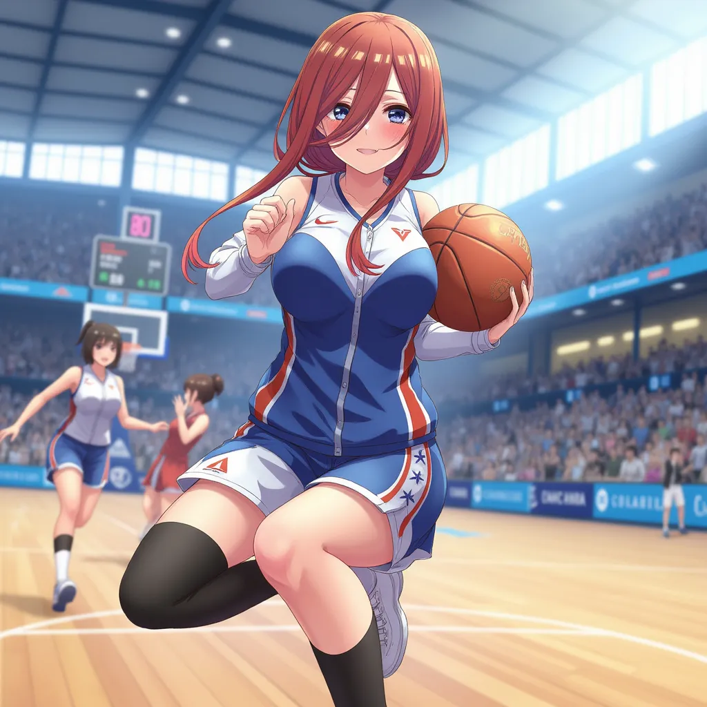 Miku Nakano in a thight basketball outfit, dynamic basketball pose, digital illustration, anime style, vibrant colors, inspired by the art of Satoshi Urushihara and Studio Ghibli, indoor sports arena background, natural light, medium shot, wide-angle lens, (detailed:1.2), (artstation:1.1), 8K resolution.