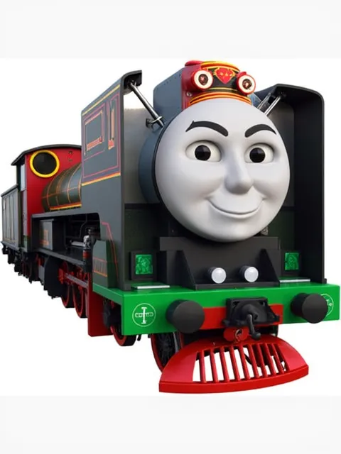 Yong Bao the Chinese brave steam engine, digital illustration, charming children's book style, cartoon aesthetic, Studio Ghibli inspiration, smooth lines, vibrant colors, outdoor railway background, intricate landscape details, highly detailed, fantasy vivid colors, warm and soft lighting, 8K resolution, (artstation:1.2), wide angle view, (bokeh:1.1)