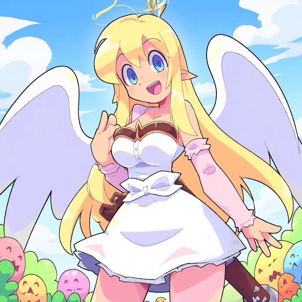 bacun_style Holy_Blue eyes_ Angel_Halo,Wings, Blond_long_Straight_Hair_Bangs,Blue_,Short_Skirt/White,White_Gothic_Top,(masterpiece), best quality,face_Cute, no extra fingers, no extra hands,Giant Chest,Cute_Smile Background_Flowers_blue sky and Sun, eyebrows_blond,Happy face,Goddess,Blush_cheeks,Samurai_Katana