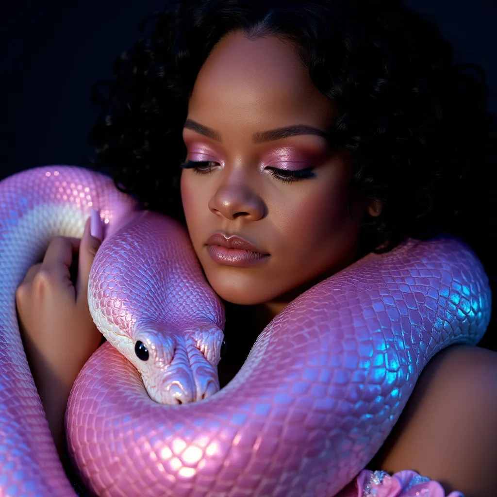 Ririh Fenty A serene portrait of singer Rihanna with closed eyes, gently embracing a large, iridescent snake. The snake’s scales shimmer in a vibrant, holographic glow, reflecting shades of pink, blue, and purple against the dark background. The woman’s soft features, smooth skin, and delicate makeup enhance the dreamlike quality of the scene. The lighting highlights her face and the snake's unique textures, creating a captivating contrast between the softness of her expression and the intricate