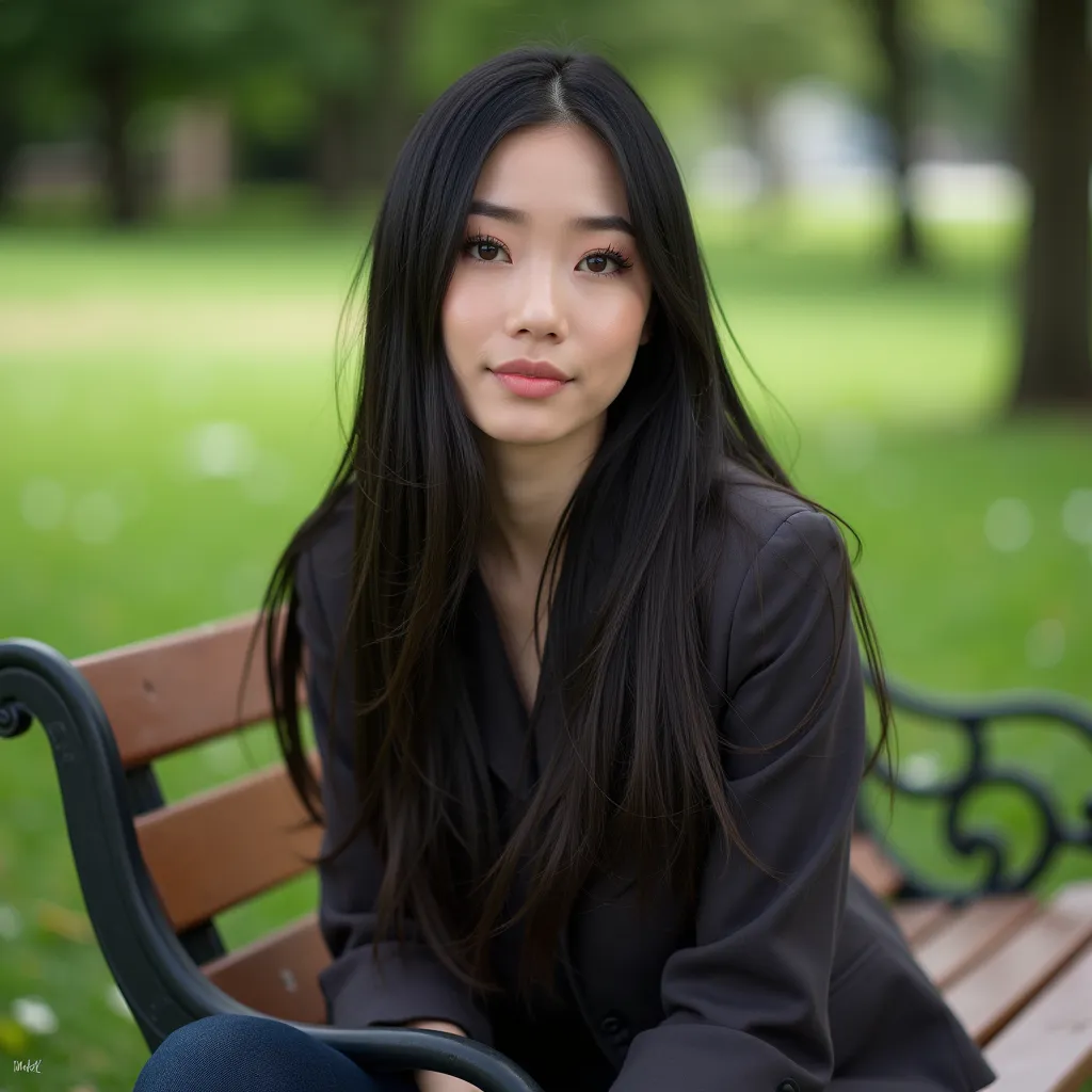 andreabsim woman, with straight dark long hair, sitting on a bench in a serene park, photograph, natural light, medium shot, detailed, soft colors, 4K resolution, high detail.