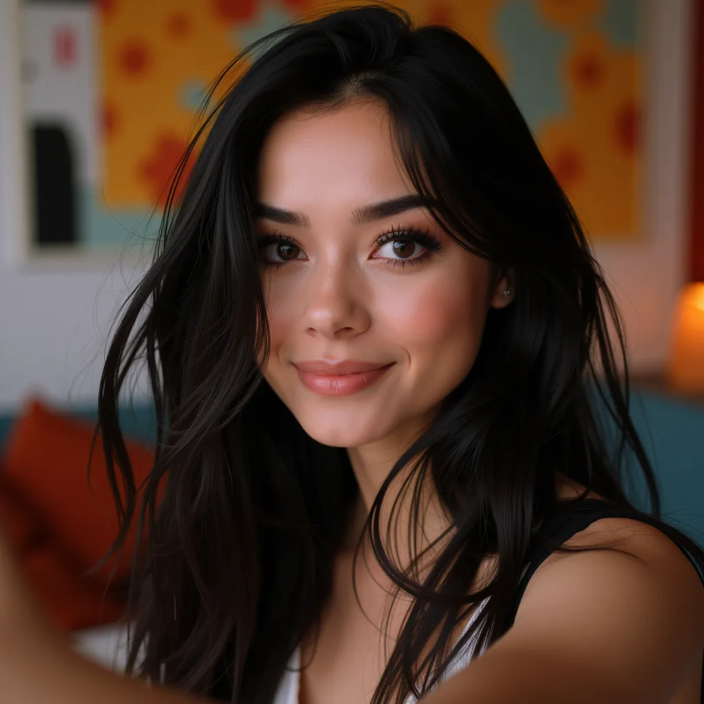 (andreabsim:1.2), with dark long hair. women taking a selfie, indoors with a colorful background, close-up shot, 35mm lens, detailed, vibrant colors, soft light, high resolution, (intricate details:1.2), (artstation:1.15)