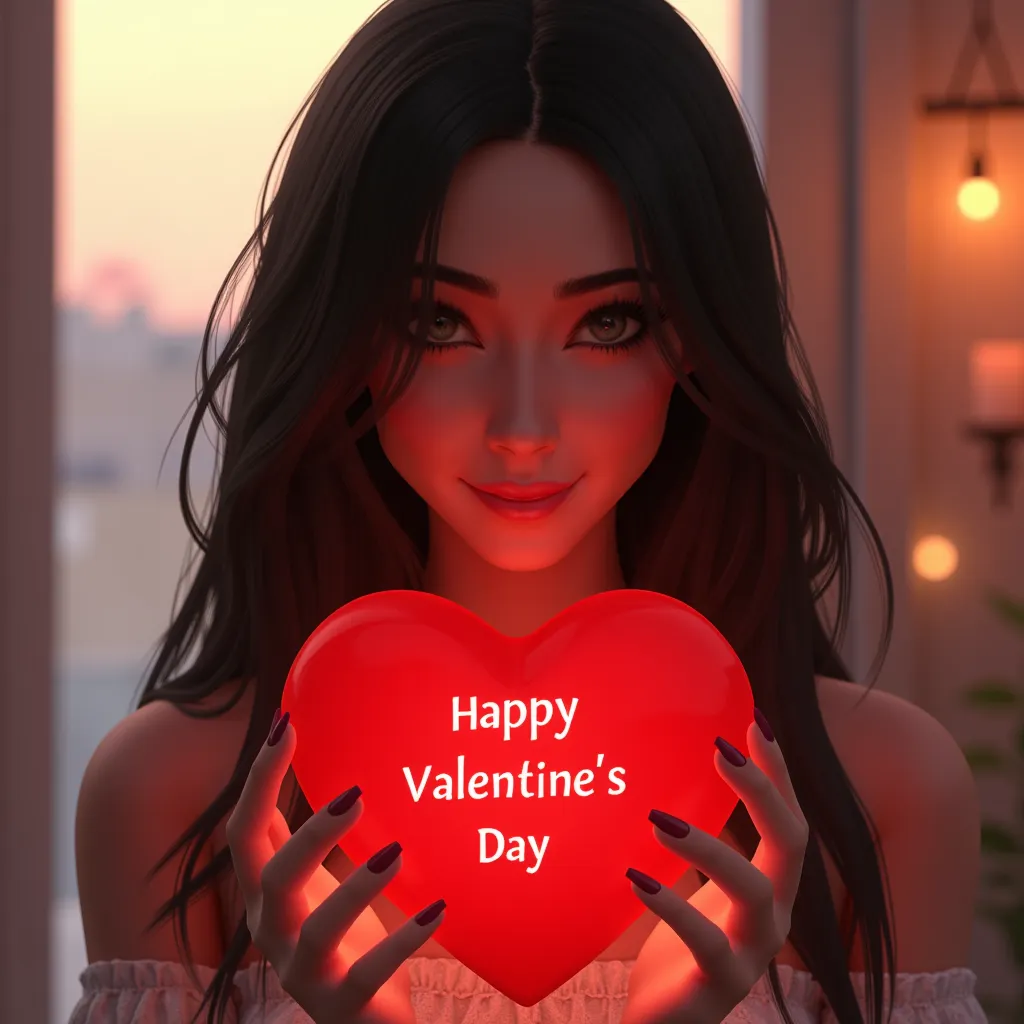 andreabsim woman with dark long hair, holding a vibrant red heart that says "Happy Valentines Day!", realistic style, bright colors, soft light, medium shot, frontal view, detailed, high resolution, 4K, (vivid colors:1.2), (intricate details:1.15).