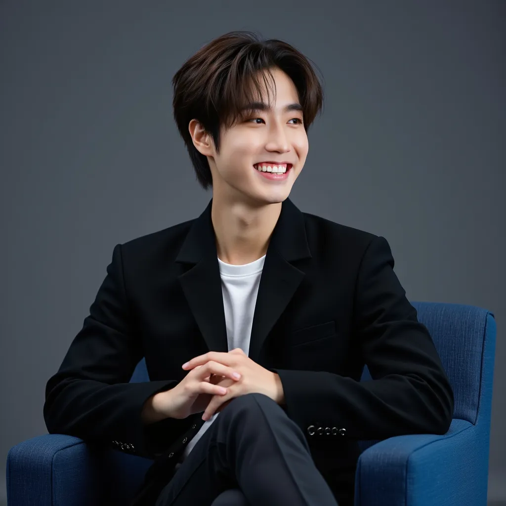 Han with black jacket  smiling  sittting in blue chair  making model pose on camera