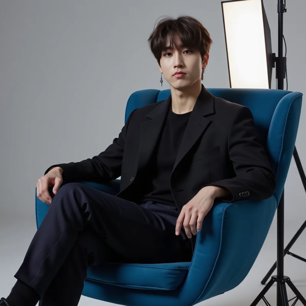 Han with black jacket    sittting in blue chair  making model pose on camera