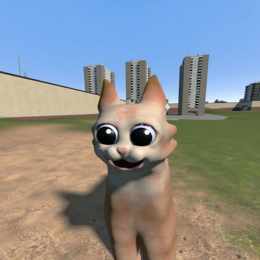 Car (Garn 47), a stylized cat, 3D cat-like figure with large, oversized, round eyes with exaggerated facial features. It has pointed ears and a stoic expression. The body has a simplified, abstract form. gm_construct, a scene from the video game "Garry's Mod" featuring a virtual urban landscape. The image shows an open area with a mix of grass and sand in the foreground, bordered by modern buildings in the background. The sky is clear and blue, and the environment appears to be part of a digital sandbox setting.