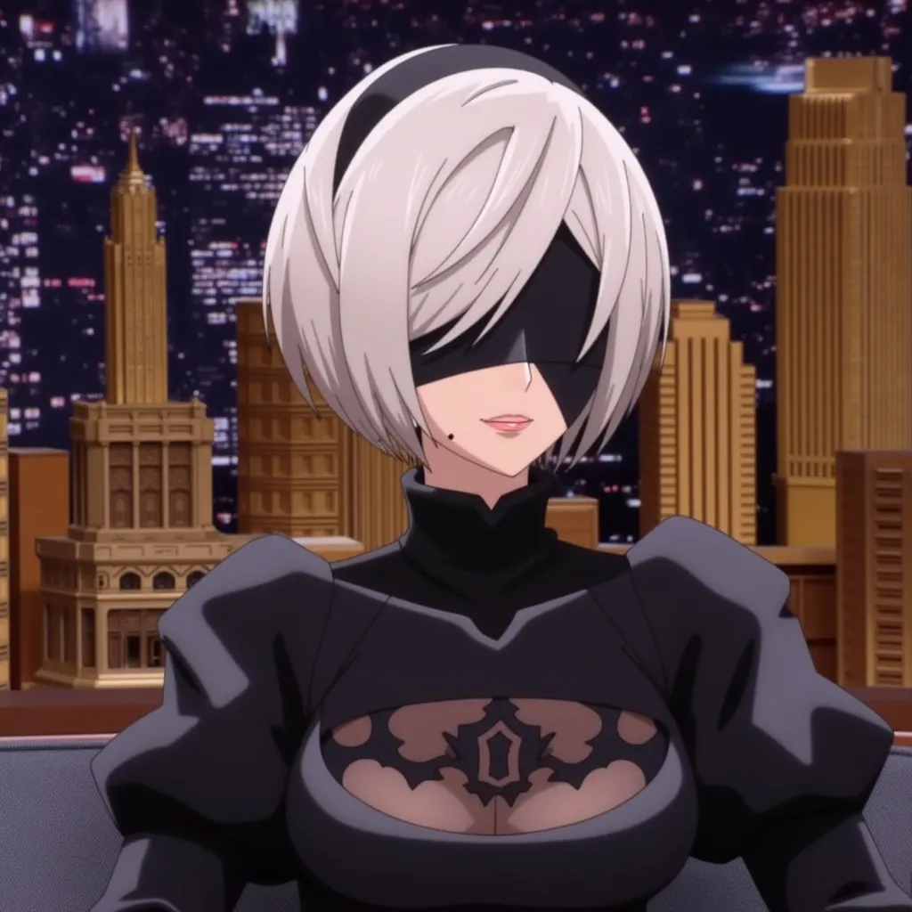 Jimmy Fallon Talk Show, where he's interviewing 2b, yorha no. 2 type b, short hair, white hair, hairband, mole, black hairband, mole under mouth, blindfold, covered eyes, black blindfold. Crossover, real life crossover.