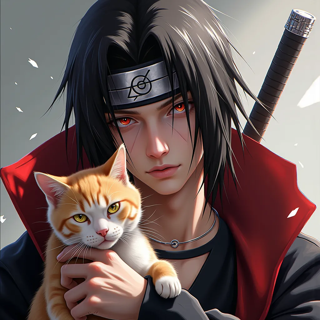 Realistic photo of Itachi Ushiha taking a selfie with his cat, looking at the camera and wearing his metal weapon around his head