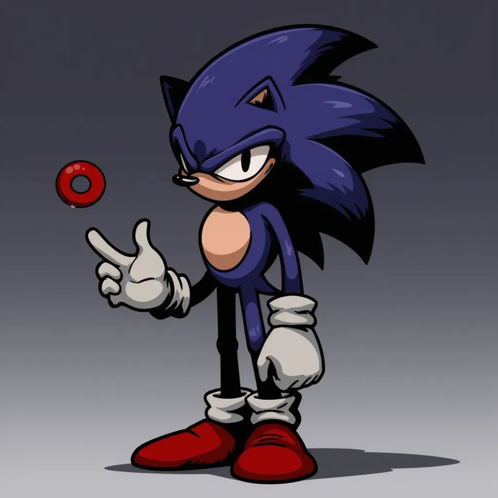 His appearance is based on classic Sonic's basic posture, but his palette is very dark, his shoes lack stripes and buckles, and his face is wrinkled, making him appear angry and nervous. The red ring is floating above the left hand.