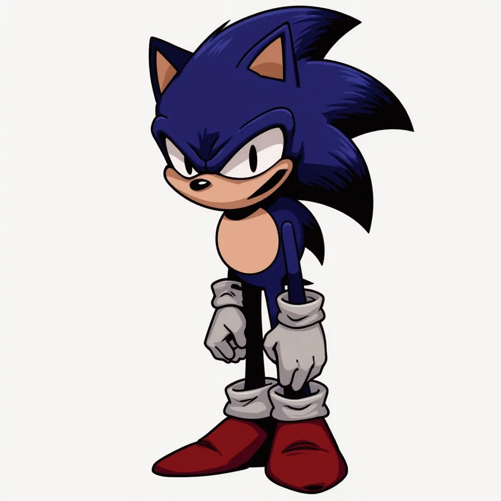 His appearance is based on classic Sonic's basic posture, but his palette is very dark, his shoes lack stripes and buckles, and his face is wrinkled, making him appear angry and nervous.
