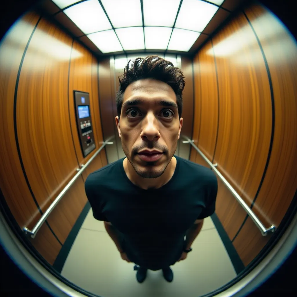 Brandon Rogers in an elevator looking at the cam, pfp, fisheye