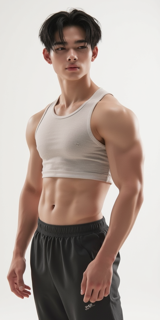niki enhypen, muscular boy, big chubby physique, abs muscles, Close up half body shot, steady upright  posture, eye contact, smooth clear flawless bright pale white skin colour, handsome young teenager 18 years old boy, wearing sleeveless compression gym short cropped tank top, wearing a gym compression short pants, with a big  physique, digital illustration, close up shot, 35mm lens, front view, 8K resolution, bright white studio lighting, bright indoor background lighting, vivid colors, Octane render.