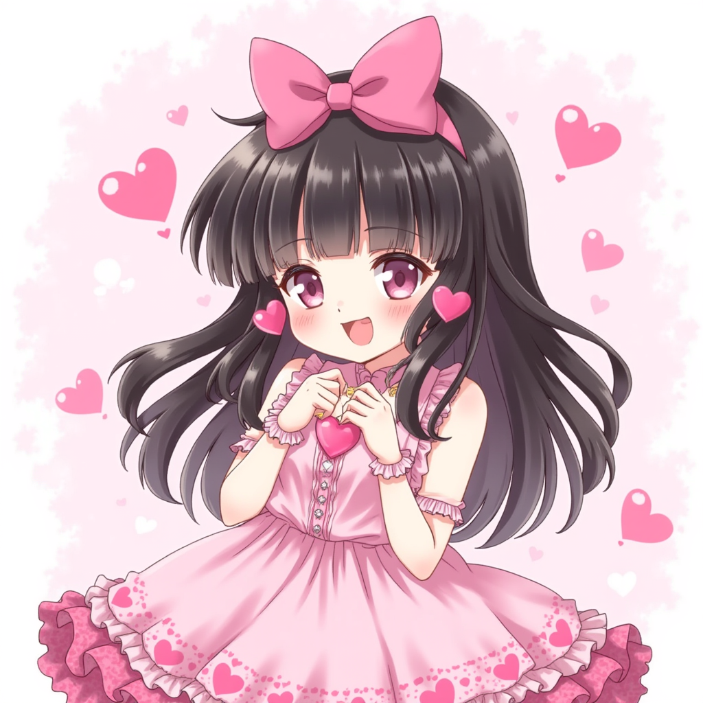 An illustration of a cute young anime girl with long, dark hair and a large pink bow. She wears a pink dress with ruffles and heart motifs, accessorized with heart-shaped jewelry. Her expression is kawaii and cheerful, with pink heart shapes floating around her, set against a soft pastel background.