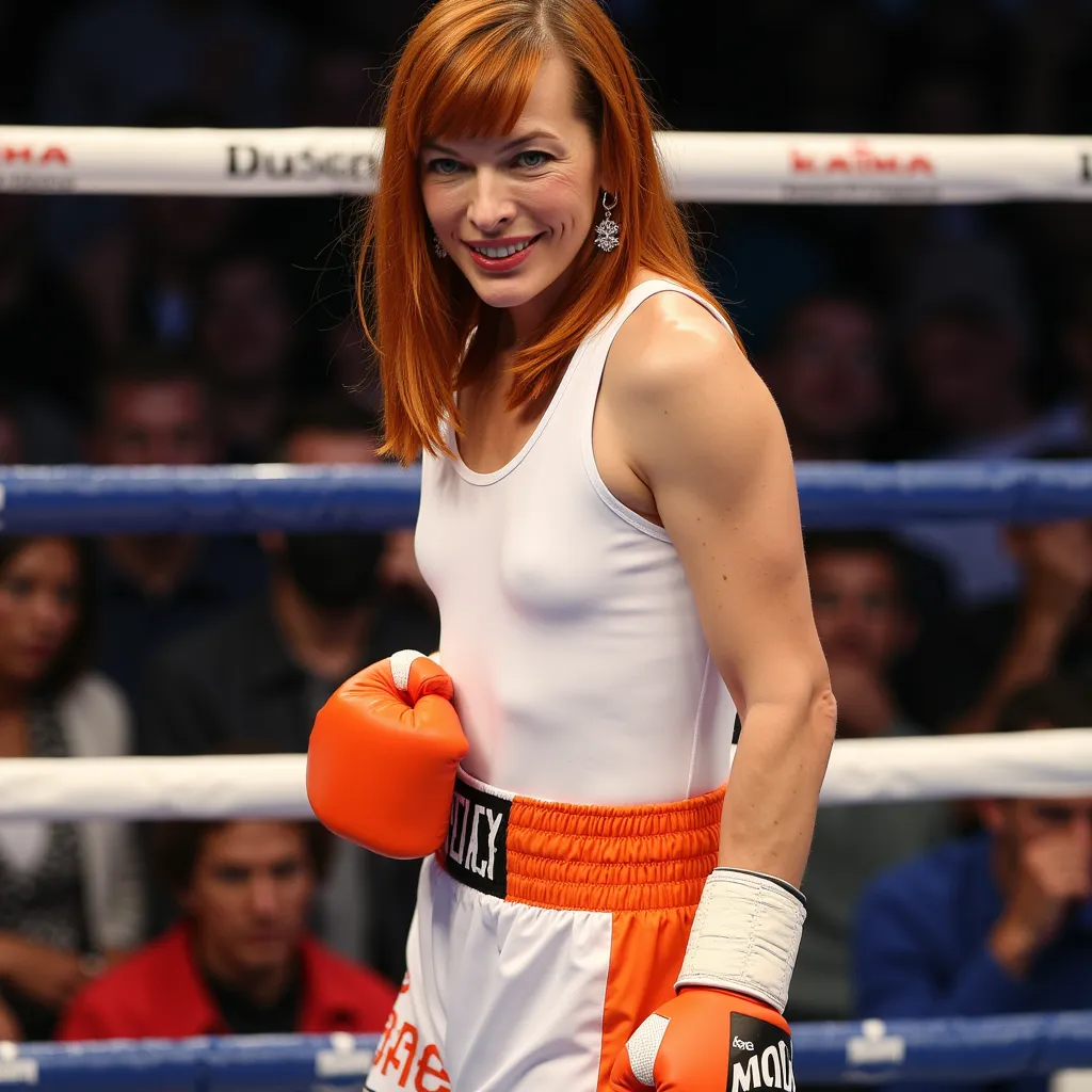 Milla Jovovich with straight long orange hair and bangs, wearing earrings, wearing white tank top, wearing white and orange boxing trunks, wearing orange boxing gloves, wearing boxing shoes, boxing ring, smile, side profile photograph, realistic style, studio lighting, medium telephoto lens, high resolution, 8K detail, natural light, (sharp focus:1.2), (HDR:1.1).