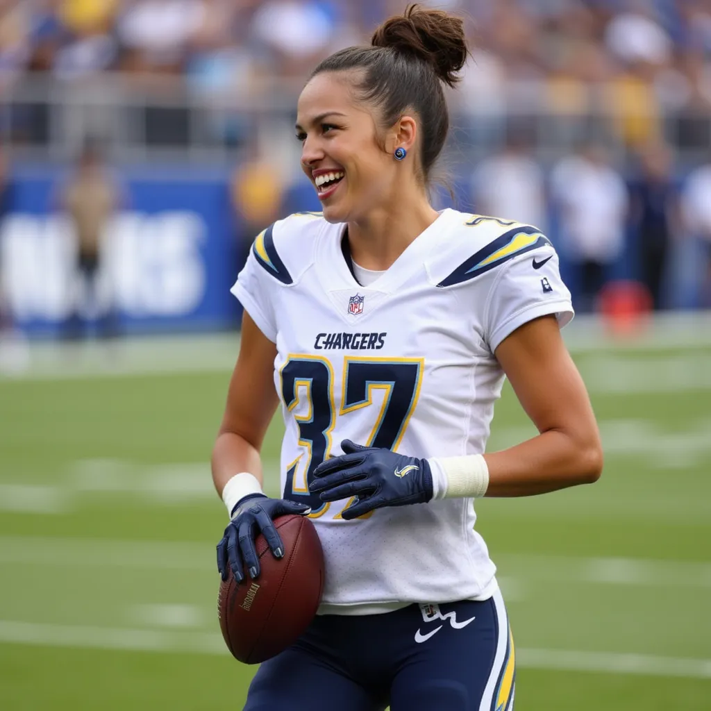 Olivia Rodrigo with bun hairstyle, wearing earrings, wearing San Diego Chargers american football jersey "#37", wearing San Diego Chargers american football pants, wearing american football shoes, wearing american football gloves, holding a american football, american football stadium, smile, side profile photograph, realistic style, studio lighting, medium telephoto lens, high resolution, 8K detail, natural light, (sharp focus:1.2), (HDR:1.1)