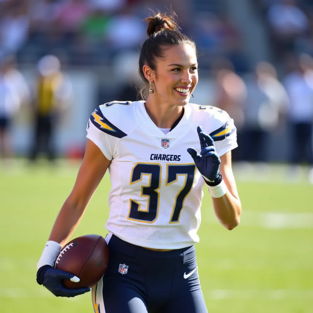 Olivia Rodrigo with bun hairstyle, wearing earrings, wearing San Diego Chargers american football jersey "#37", wearing San Diego Chargers american football pants, wearing american football shoes, wearing american football gloves, holding a american football, american football stadium, smile, side profile photograph, realistic style, studio lighting, medium telephoto lens, high resolution, 8K detail, natural light, (sharp focus:1.2), (HDR:1.1)