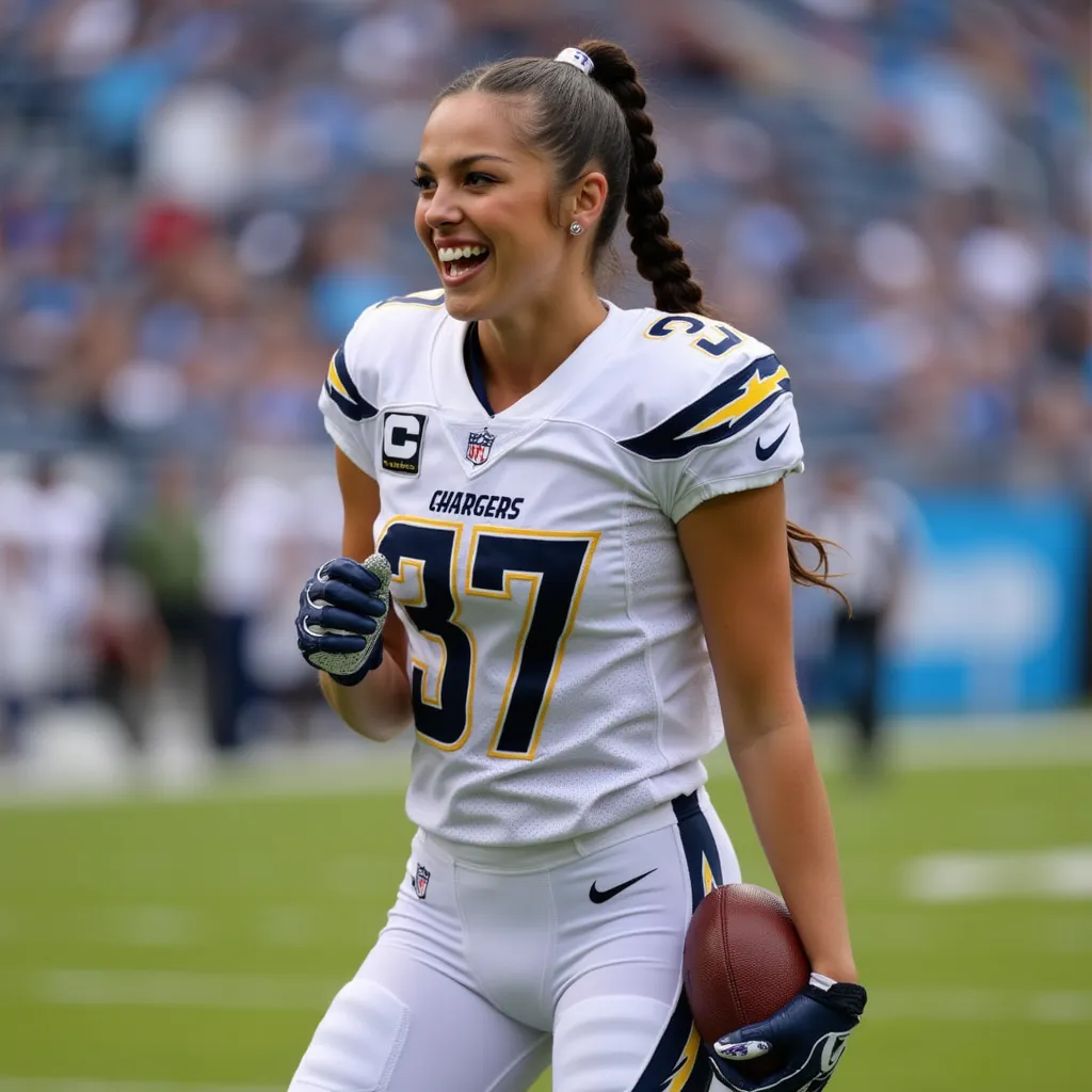 Olivia Rodrigo with bun hairstyle, wearing earrings, wearing San Diego Chargers american football jersey "#37", wearing San Diego Chargers american football pants, wearing american football shoes, wearing american football gloves, holding a american football, american football stadium, smile, side profile photograph, realistic style, studio lighting, medium telephoto lens, high resolution, 8K detail, natural light, (sharp focus:1.2), (HDR:1.1)