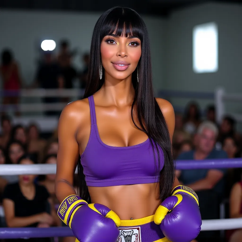 Kim Kardashian with straight long hair and bangs, wearing earrings, wearing purple tank top, wearing purple boxing trunks with yellow trims, wearing purple and yellow boxing gloves, wearing boxing shoes, boxing ring, smile, side profile photograph, realistic style, studio lighting, medium telephoto lens, high resolution, 8K detail, natural light, (sharp focus:1.2), (HDR:1.1).