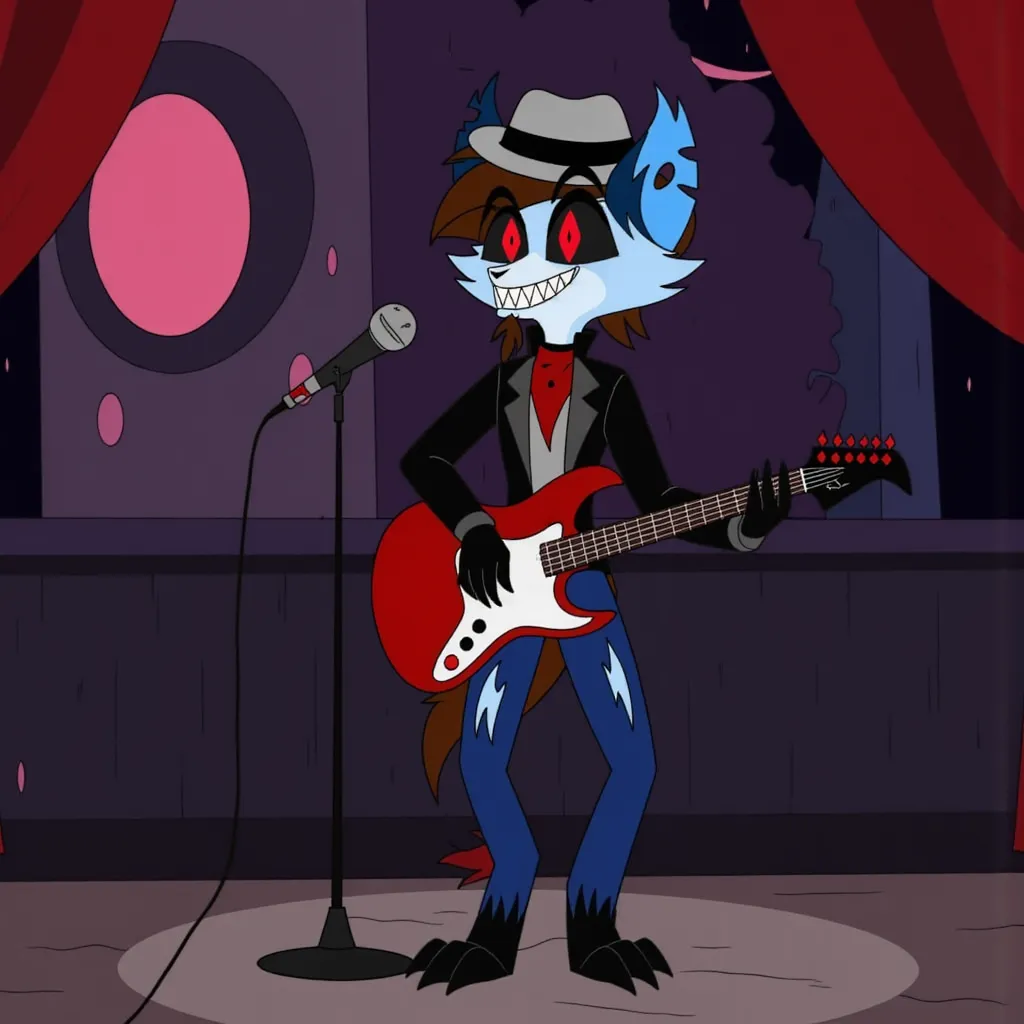 Bluford rocking out on guitar on stage, and singing to the mic. He is a Hazbin Hotel OC and a Hyena Sinner Demon with blue fur, red eyes, black hands, and feet. He wears a gray fedora, red bandana, black jacket, gray shirt, and blue jeans with patches. Bluford has brown hair, brown goatee, a brown bushy tail, and animal-like legs with claws. The background is a hellish setting.

