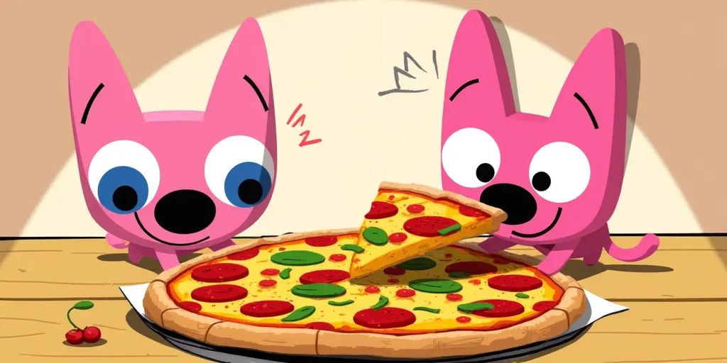 Hoops and Yoyo, a whimsical pink cat-like character, enjoying a delicious slice of pizza, digital illustration, cartoon style, vibrant colors, inspired by the playful art of Charles Schulz and Hanna-Barbera, medium shot, wide-angle lens, soft light, vivid colors, 4K resolution, intricate details, playful and fun atmosphere.