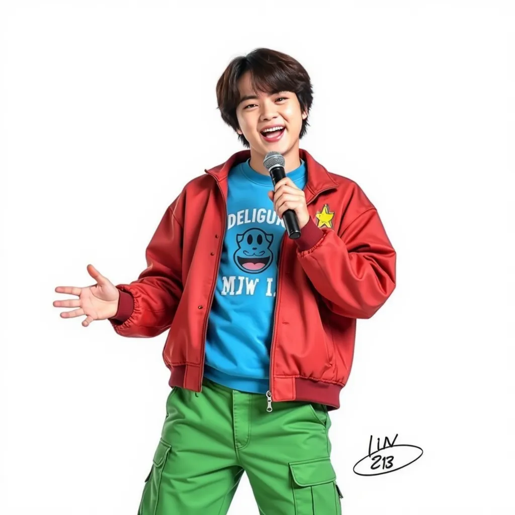 Jin with Red jacket blue shirt with microphone draw green pants in white background 