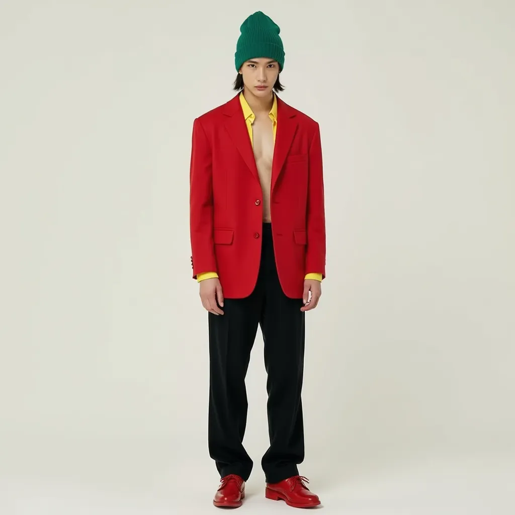 Hyunjin with Red blazer green beanie without shirt black pants yellow collar Red shoes 