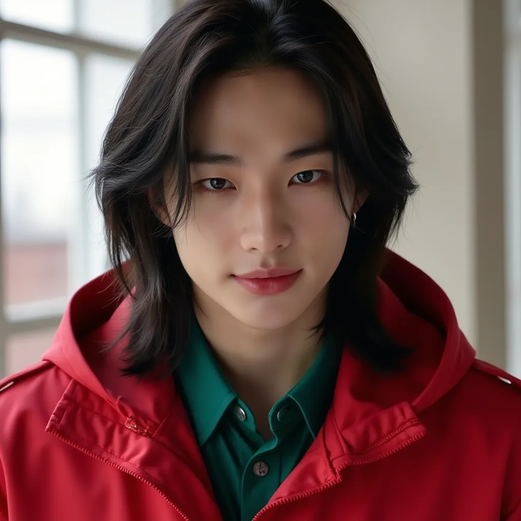 Hyunjin with long black hair green shirt closed red jacket slinghty smile 