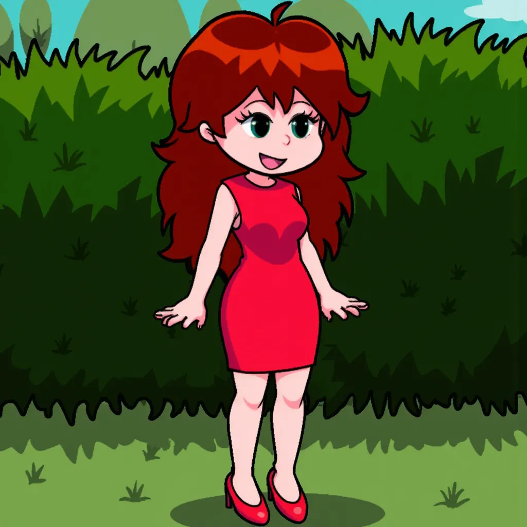 Over the hedge Once-ler GF, has, light-skinned female with long auburn hair. She wears a sleeveless red dress and red high heels. Her fingernails are painted red.  