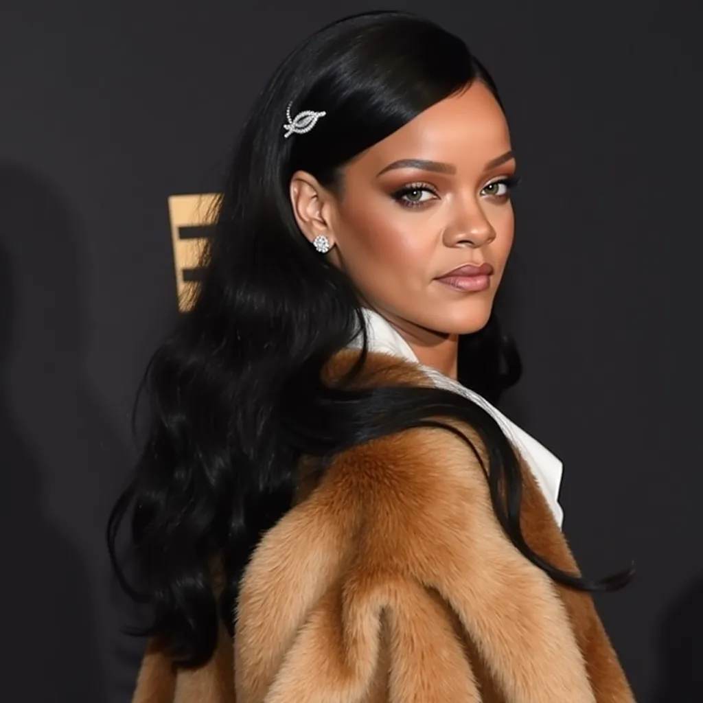 Rih Superstar, Singer Rihanna in a stunning red carpet gown, With a diamond eye "the Illuminati" shaped hair clip,surrounded by paparazzi flashes, photograph, high fashion, sleek modern style, inspired by Peter Lindbergh and Richard Avedon, studio lighting, medium shot, 135mm lens, front view, 8K, highly detailed, professional, natural colors, cinematic render.