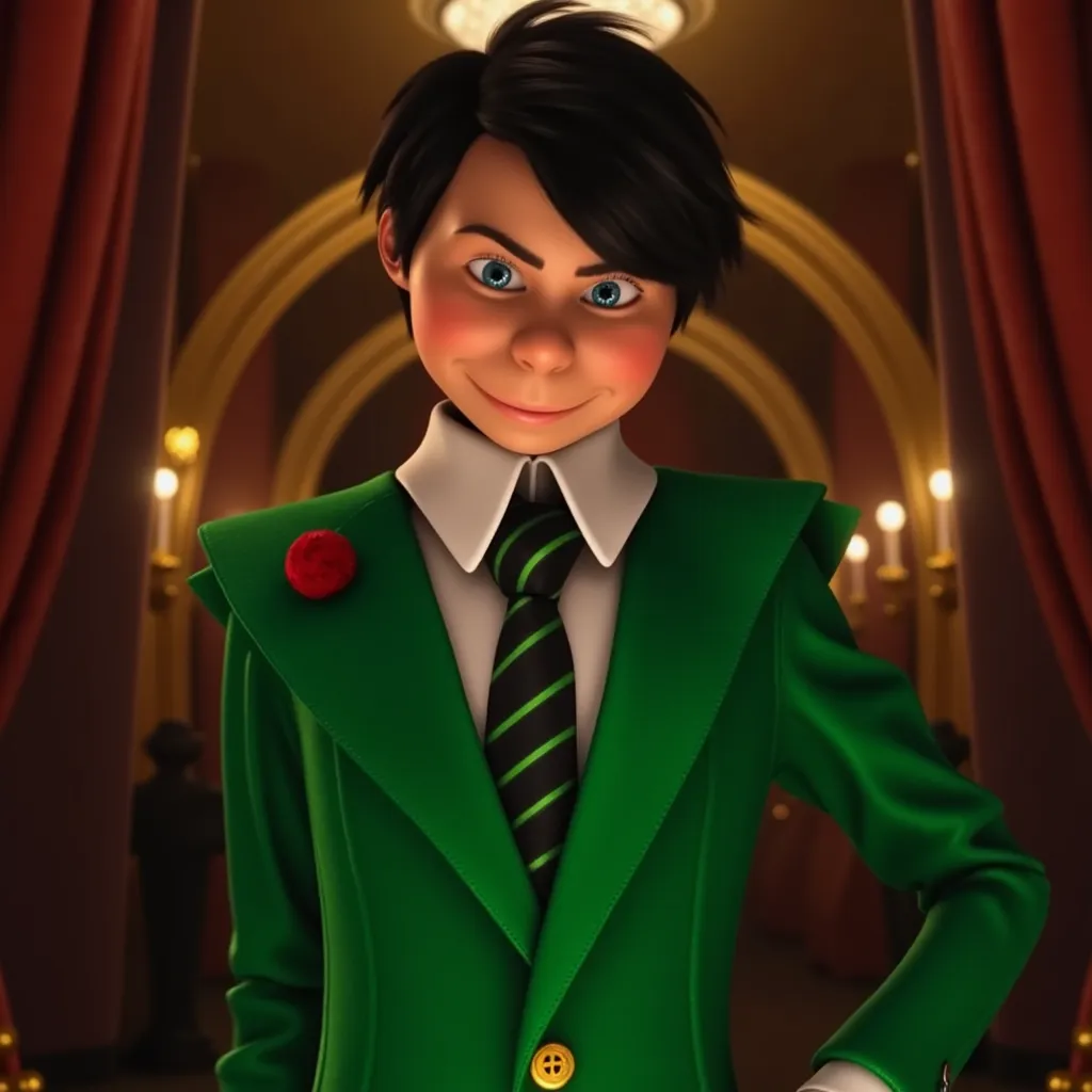 photo A photo of the Once-ler as a skinny adult, wearing a green coat and suit. He is standing in front of a luxurious backdrop, with a confident and charming expression on his face.