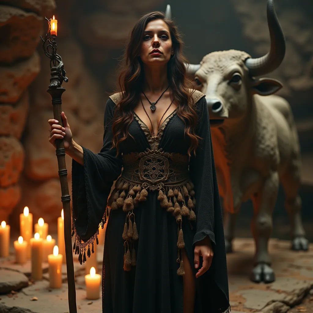 sect priestess, animal skin, cave candle, pentagrtame, kaablistic symbol pagan veneration in front of a statue of a bull

